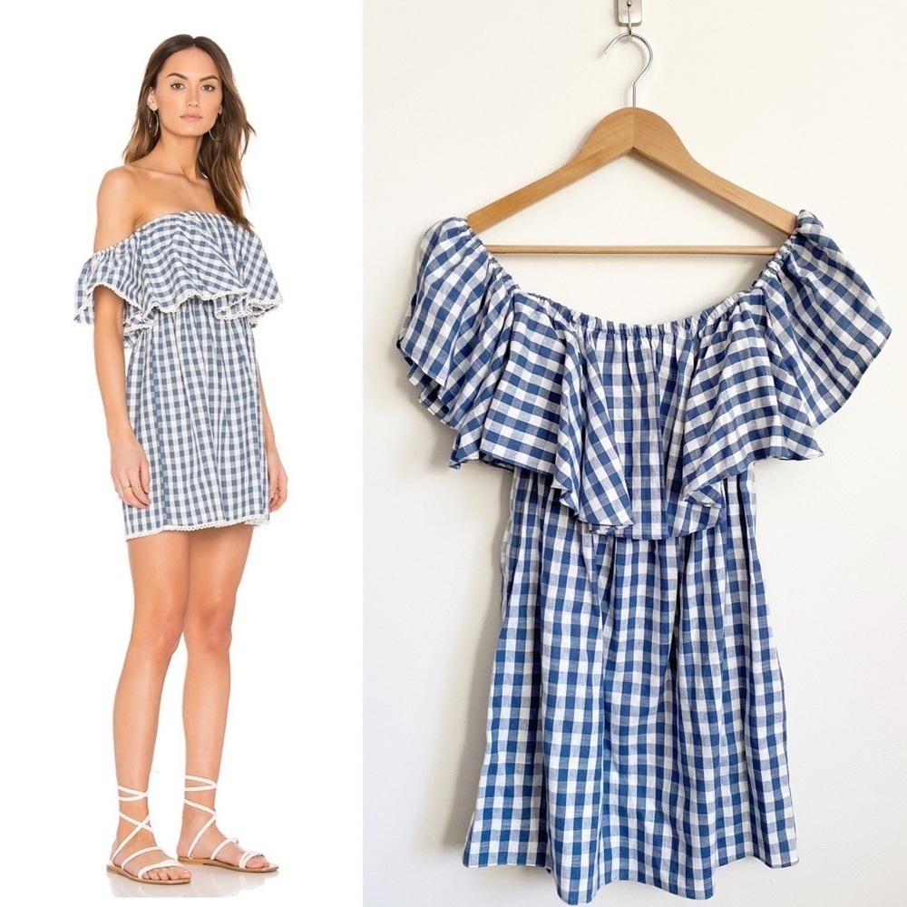 Misa Los Angeles Belu Mini Dress Off Shoulder Blue White Gingham Extra Small NWT